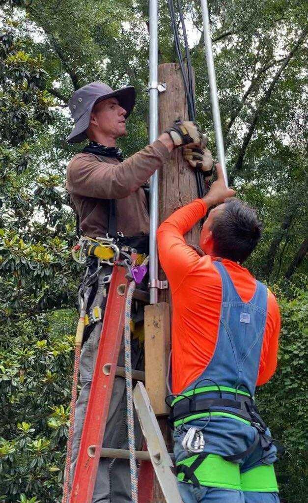 Two men on a ladder installing tower