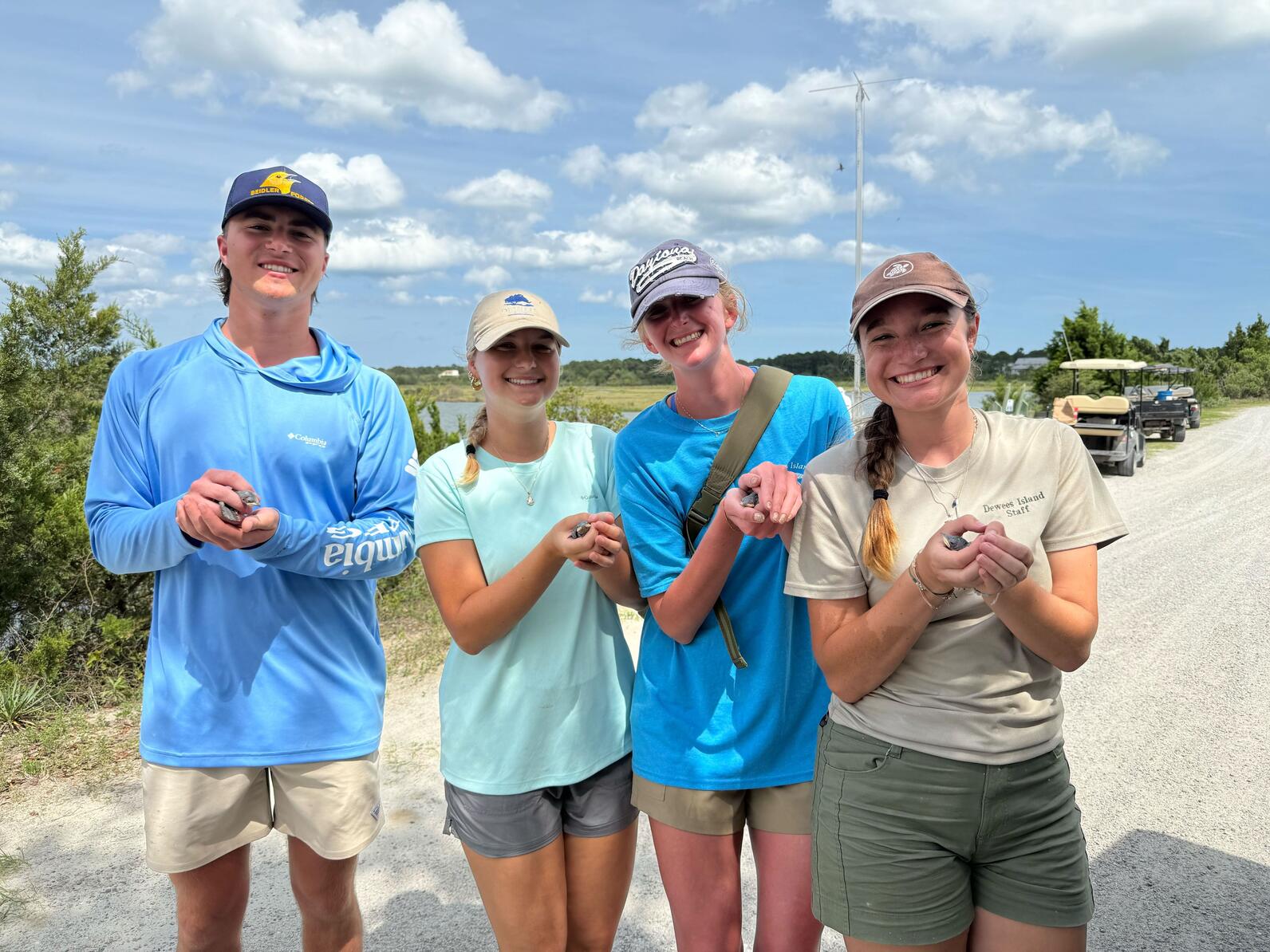 four people stand holding baby purple martins in thier hands four people stand holding baby purple martins in thier hands